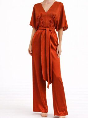 💋 DRA Los Angeles for Anthropologie Satin Jumpsuit, XS, Terra Cotta, Open Back